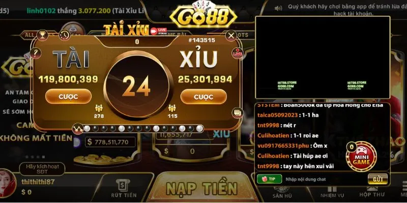 Khu vực chức năng trong game Tài xỉu Livestream