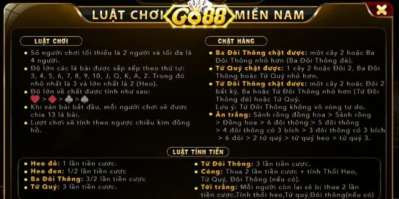 Luật chơi tiến lên miền Nam tại Go88 dễ hiểu